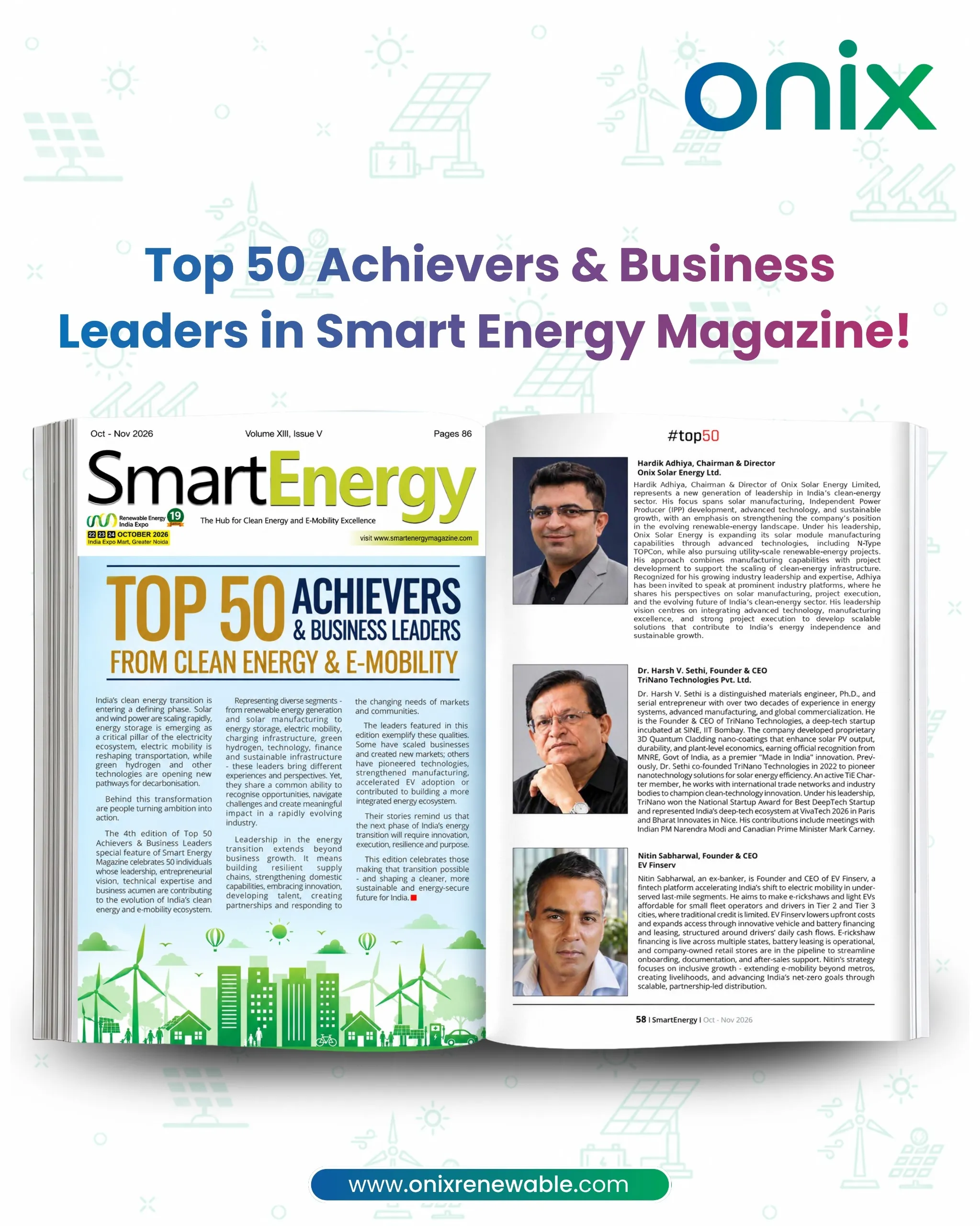 Mr.Hardik Adhiya, Chairman & Director Recognized Among Top 50 Achievers & Business Leaders in Smart Energy Magazine